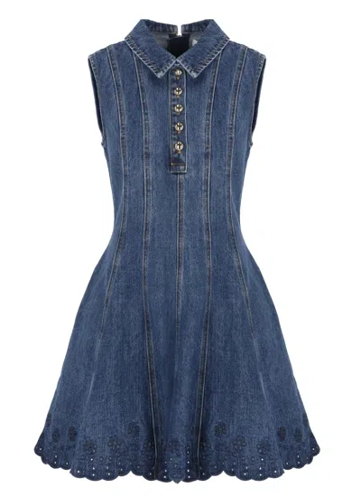 Self-portrait Denim Mini Dress With Lace Embroidery And Classic Collar In Blue