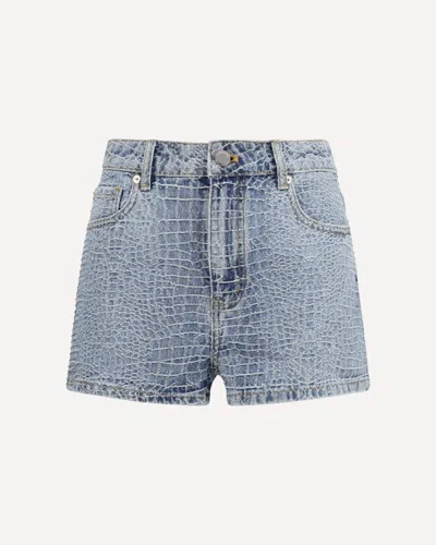 Self-portrait Denim Shorts With Croc Effect And Rhinestones In Blue