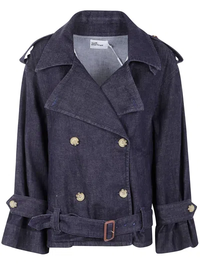 Self-portrait Denim Trench Jacket In Blue