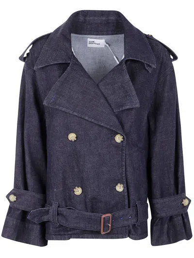 Self-portrait Denim Trench Jacket In Blue