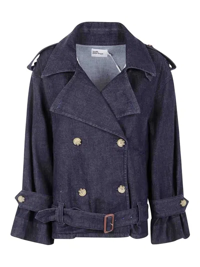 Self-portrait Denim Trench Jacket In Blue