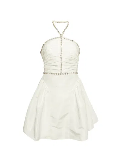 Pre-owned Self-portrait Diamante-trim Taffeta Mini Dress In Neutral
