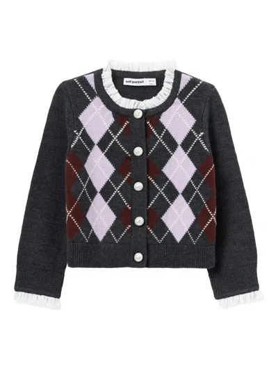 Self-portrait Diamond Pattern Cardigan With Ruffled Details In Gray