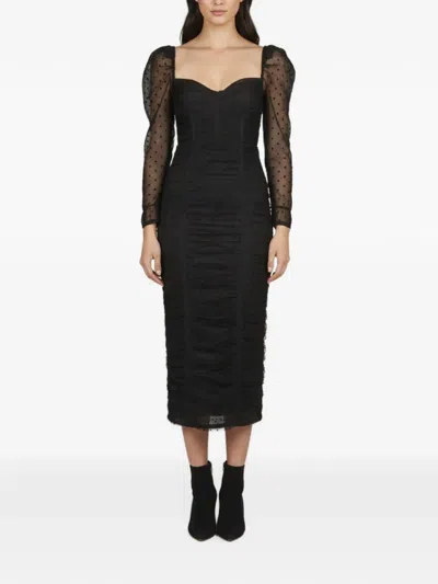 Pre-owned Self-portrait Dot Mesh Gathered Midi Dress In Black