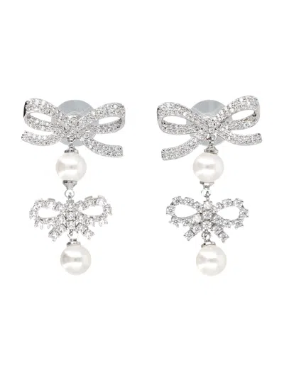 Self-portrait Double Bow Crystal Pearl Drop Earrings In Silver