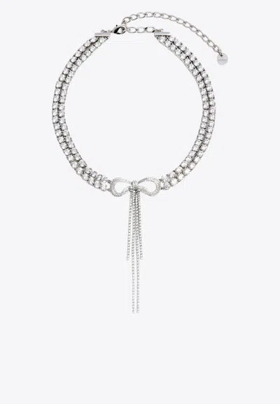 Self-portrait Double Crystal Bow Choker In Silver