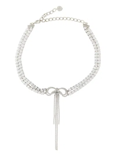 Self-portrait Crystal Bow Tassel Double Strand Necklace In Metallic