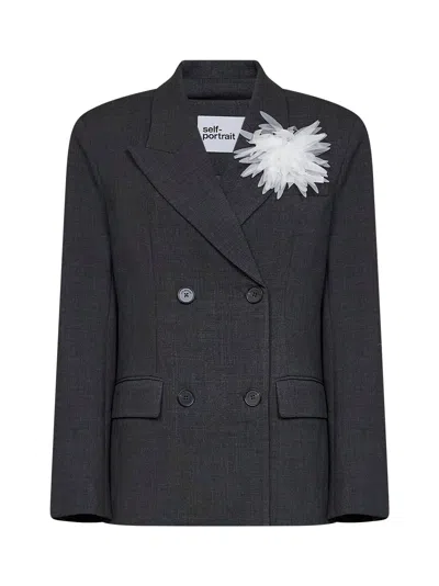 Self-portrait Double-breasted Wool-blend Blazer In Black