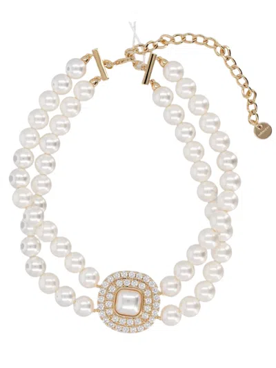 Self-portrait Double-strand Pearl Cubic Zirconia Toggle Gold Necklace In Multi