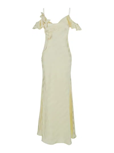 Self-portrait Dress Yellow Satin Striped Maxi Dress With V-neck In Yellow Silk For Women In Multi