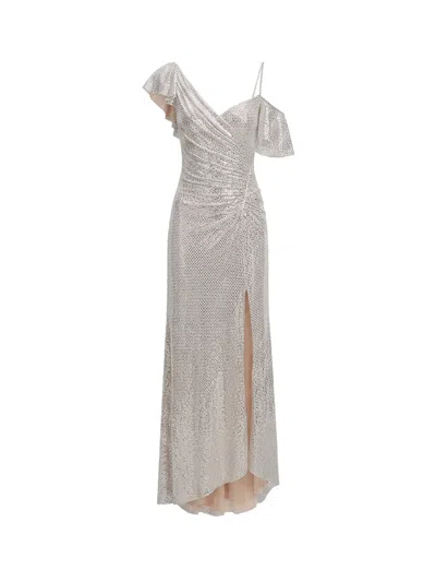 Self-portrait Champagne Rhinestone Ruffle Draped Maxi Dress In White
