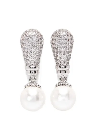 Self-portrait Drio Crystal-embellished Pearl-drop Earrings In Silver