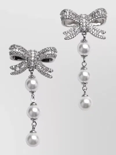 Self-portrait Silver-tone Bow Mini Drop Earrings With Faux Crystal Droplets In Metallic