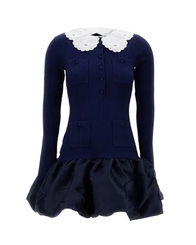 Self-portrait Puffed Skirt Mini Dress With Button Front Fastening In Navy