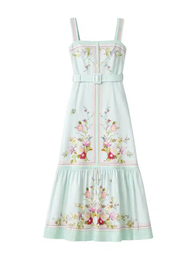 Self-portrait Belted Floral-print Linen And Cotton-blend Midi Dress In Blue
