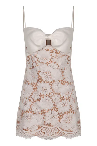 Self-portrait White Lace Mini Dress With Oversized Satin Bow In Neutral |  ModeSens