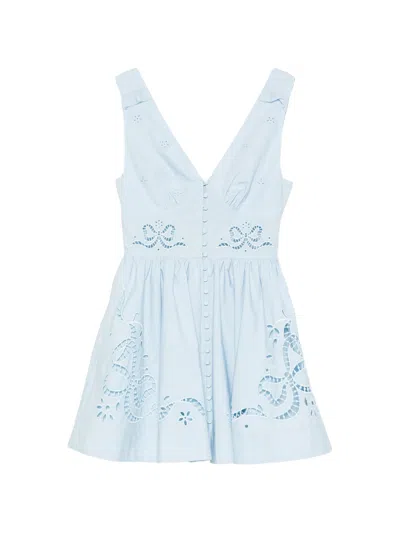 Self-portrait Elegant Mini Dress With V-neck And Embroidery In Azzurro
