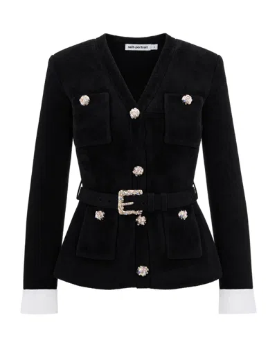 Self-portrait Embellished Belted Cardigan Jacket In Black