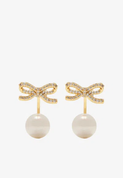 Self-portrait Embellished Bow Pearl Jacket Earrings In Gold