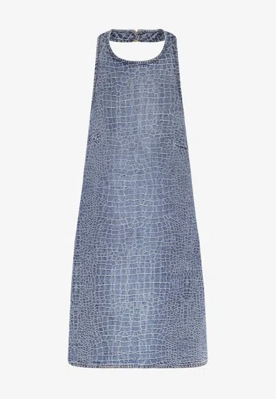 Self-portrait Embellished Croc-effect Denim Mini Dress In Blue