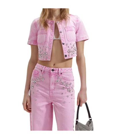 Self-portrait Embellished Cropped Denim Top In Pink
