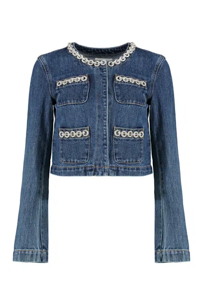 Self-portrait Embellished Denim Jacket With Four Front Pockets In Blue