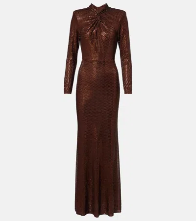 Self-portrait Embellished Gathered Gown In Brown