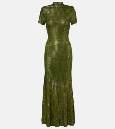 Self-portrait Embellished Mesh Maxi Dress In Green