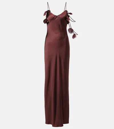 Self-portrait Embellished Satin Gown In Burgundy