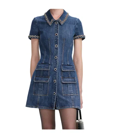 Self-portrait Embellished Trim Collared Denim Mini Dress In Blue