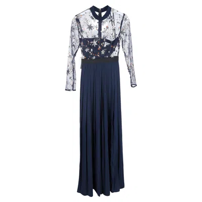 Self-portrait Embellished Tulle Detailed Maxi Gown Dress In Navy Blue Polyester In Multi