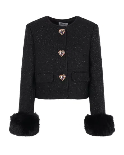 Self-portrait Embellished Tweed Crop Jacket With Faux Fur Cuffs In Black