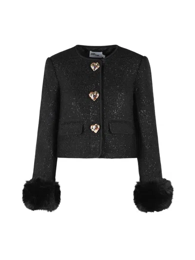 Self-portrait Embellished Tweed Cropped Jacket With Faux Fur Cuffs In Black