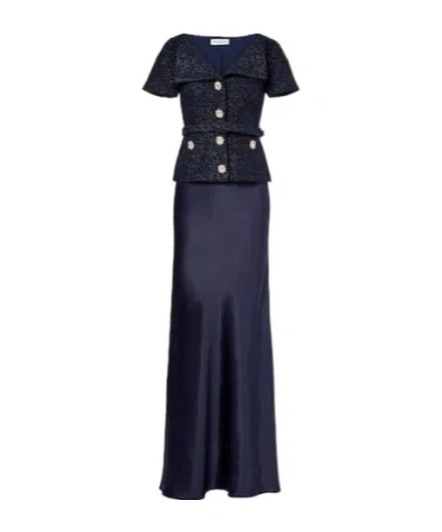 Self-portrait Embellished Tweed Satin Maxi Dress In Black