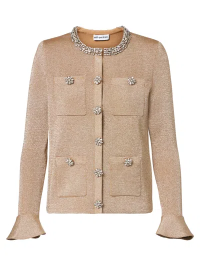Self-portrait Embellished Wool Blend Cardigan With Patch Pockets In Neutral