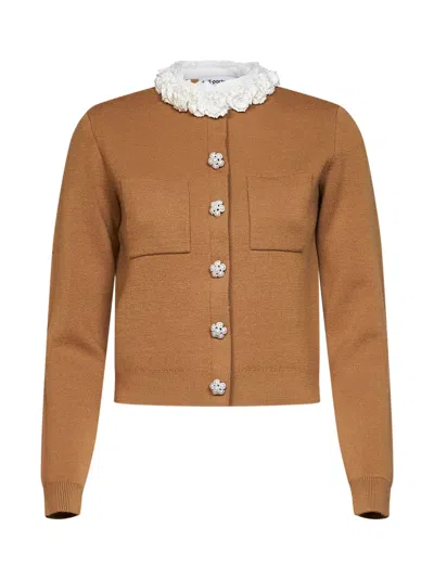 Self-portrait Embellished Wool-blend Knit Cardigan In Brown