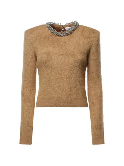Self-portrait Sweater Jewel Embroidery Beaded Collar Cropped In Brown
