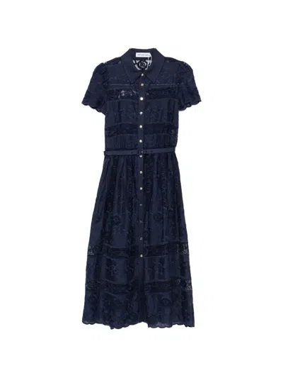 Self-portrait Belted Embroidered Lace-trimmed Ramie Midi Dress In Blue