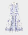 Self-portrait Embroidered Cotton Belted Midi Dress In Blue