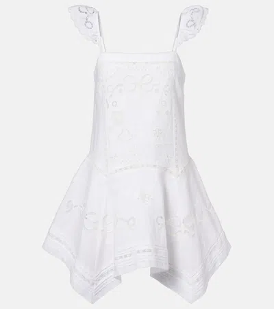 Self-portrait Embroidered Linen And Cotton Poplin Minidress In White