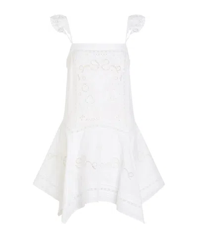 Self-portrait Womens White Broderie-anglaise Asymmetric-hem Linen And Cotton Mini Dress