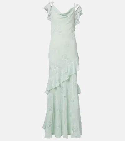 Self-portrait Embroidered Ruffled Georgette Maxi Dress In Green
