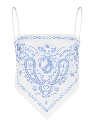 Self-portrait Embroidered Top In White And Blue Linen Blend