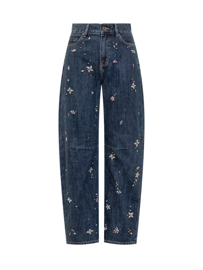 Self-portrait Embroidered Utility Jeans With Pleated Detailing In Blue