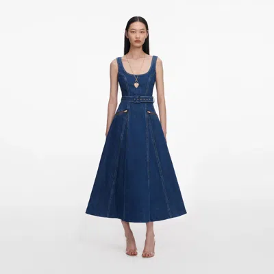 Self-portrait Belt-detail Flared Midi Denim Dress In Blue