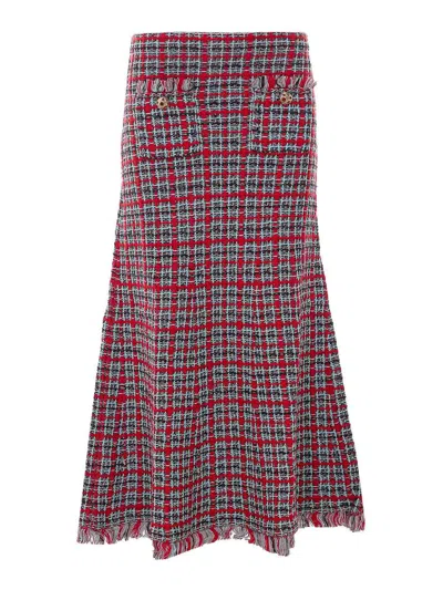 Self-portrait Womens Red Frayed-hem Checked Cotton-knit Midi Skirt In Multi