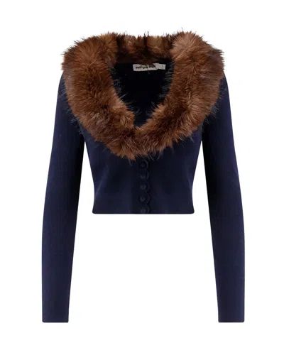 Self-portrait Faux Fur Collar Cardigan In Navy