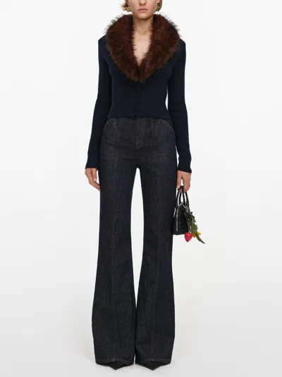 Self-portrait Cropped Cardigan Slim Fit Long Sleeves Faux Fur Collar In Blue