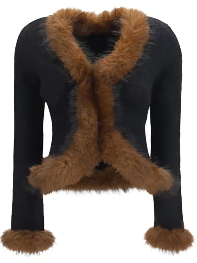 Self-portrait Faux Fur Trim Cropped Cardigan In Black
