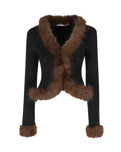 Self-portrait Faux Fur Trim Cropped Jacket In Black